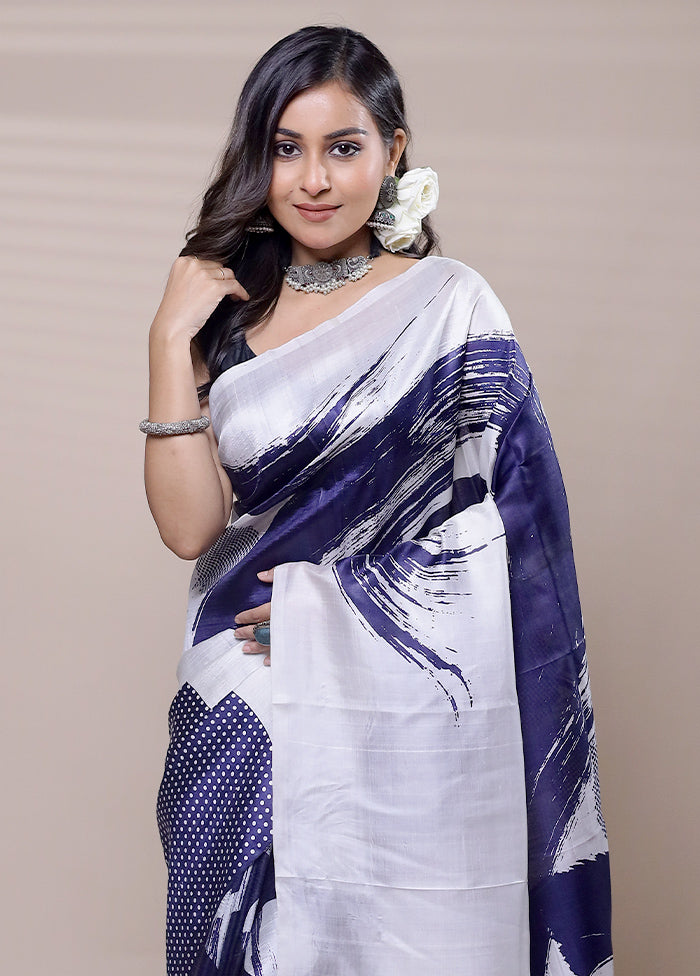 White Printed Pure Silk Saree Without Blouse Piece