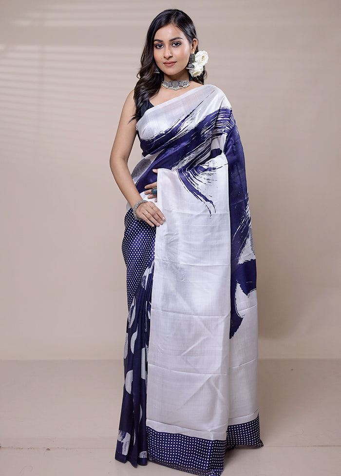 White Printed Pure Silk Saree Without Blouse Piece