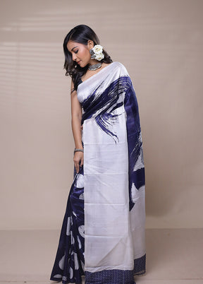 White Printed Pure Silk Saree Without Blouse Piece