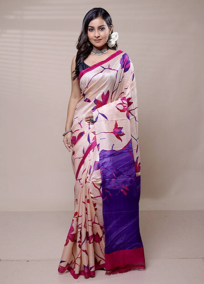 Beige Printed Pure Silk Saree Without Blouse Piece