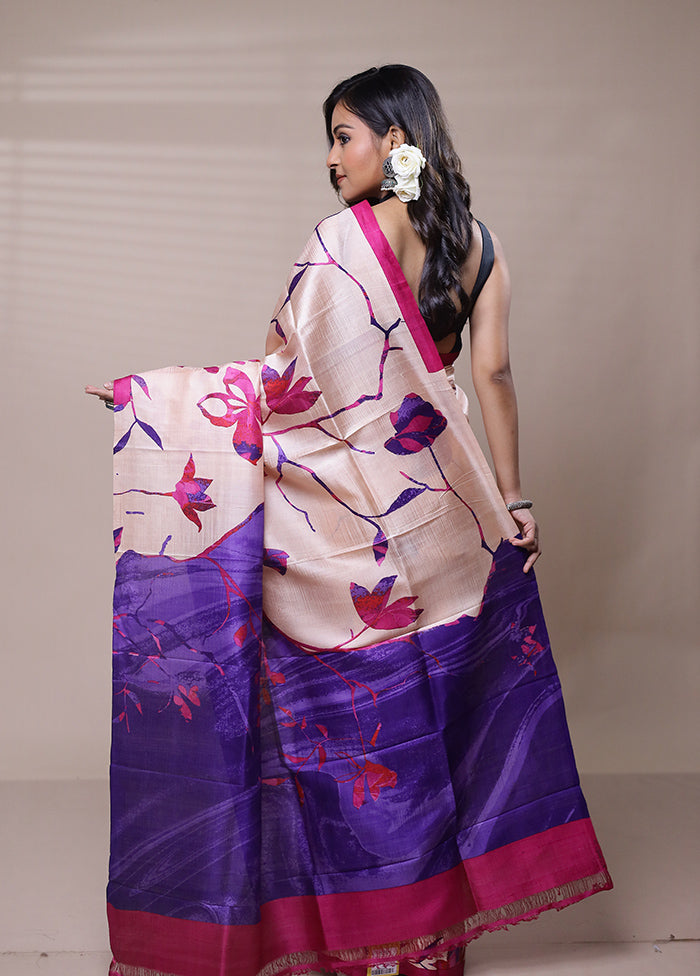 Beige Printed Pure Silk Saree Without Blouse Piece