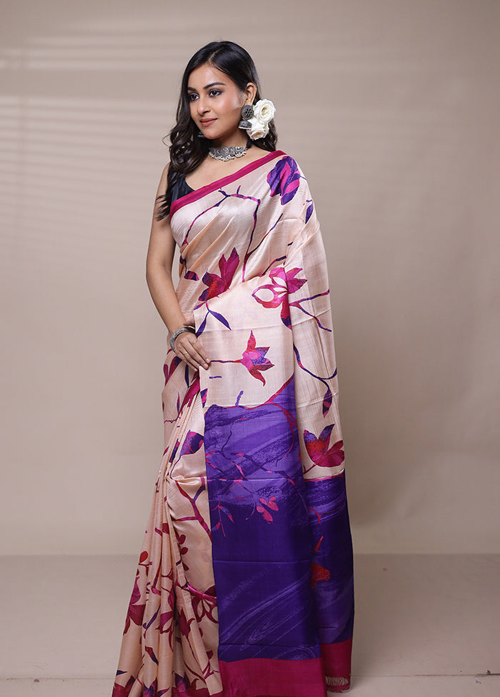 Beige Printed Pure Silk Saree Without Blouse Piece