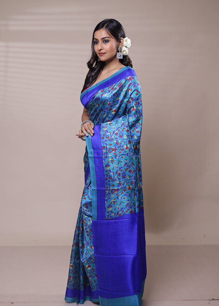 Blue Printed Pure Silk Saree Without Blouse Piece