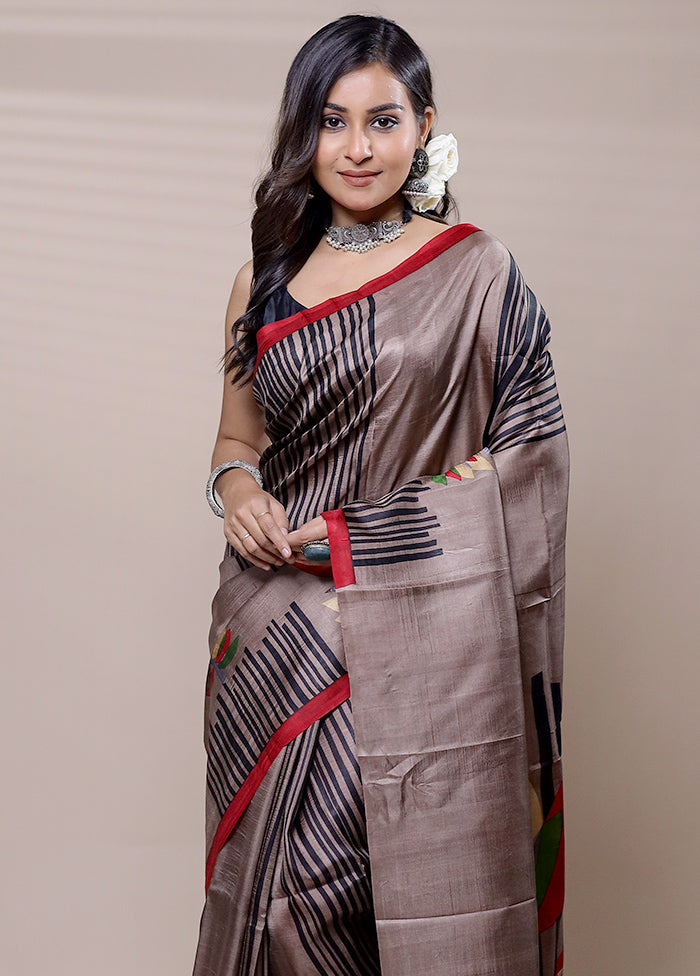 Brown Printed Pure Silk Saree Without Blouse Piece