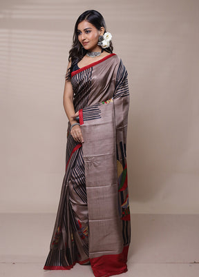 Brown Printed Pure Silk Saree Without Blouse Piece