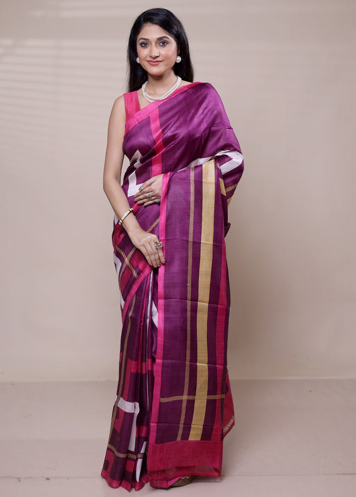 Purple Printed Pure Silk Saree Without Blouse Piece