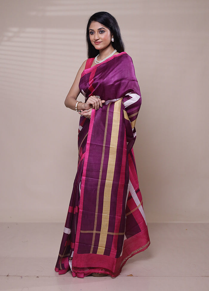 Purple Printed Pure Silk Saree Without Blouse Piece