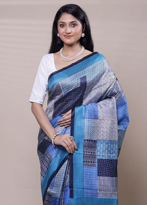 Blue Printed Pure Silk Saree Without Blouse Piece