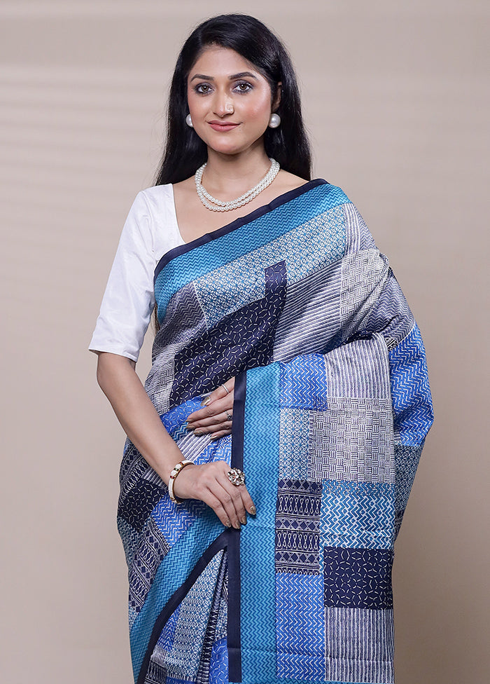 Blue Printed Pure Silk Saree Without Blouse Piece