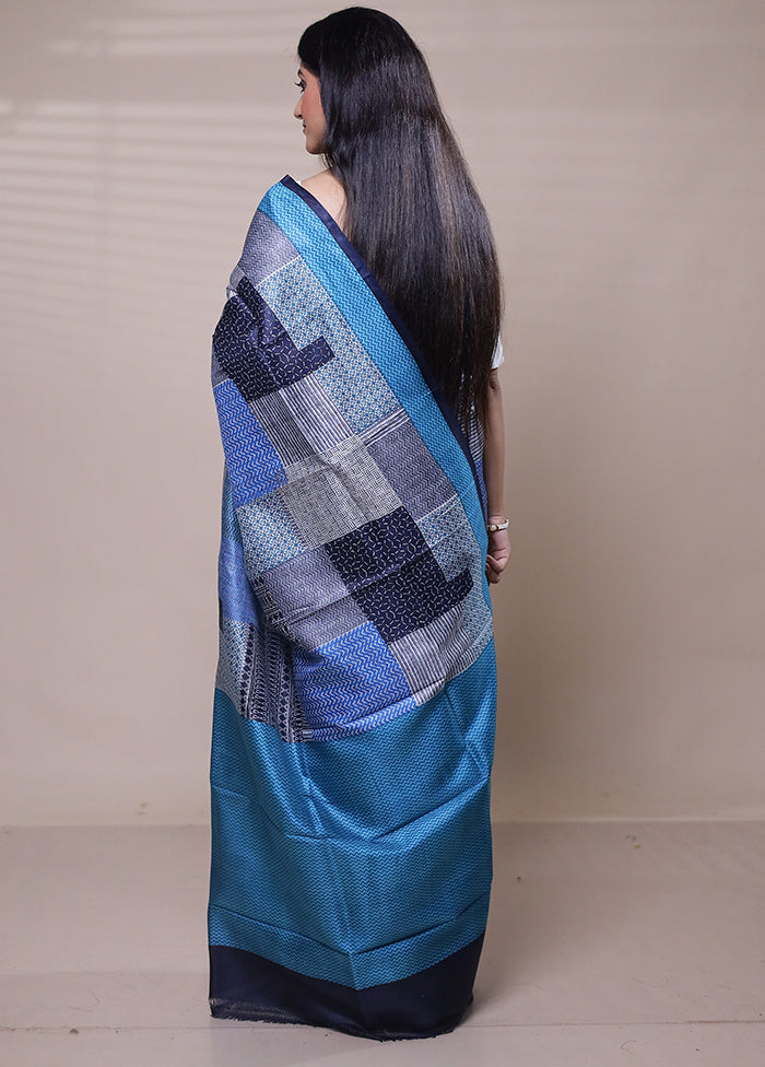 Blue Printed Pure Silk Saree Without Blouse Piece