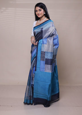 Blue Printed Pure Silk Saree Without Blouse Piece