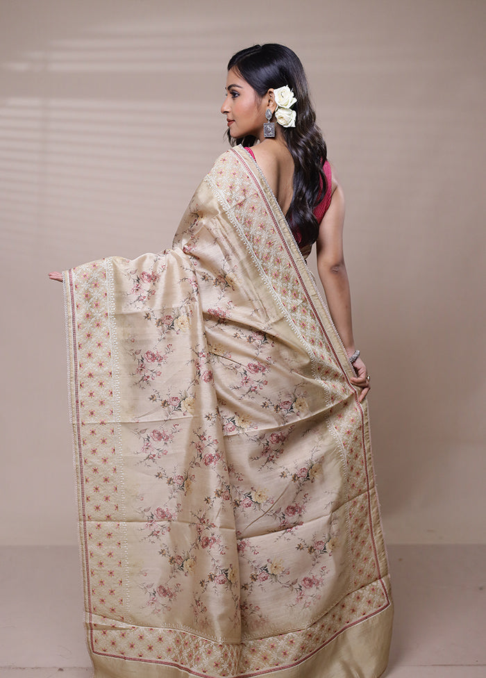 Beige Tussar Silk Saree With Blouse Piece