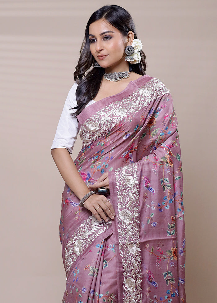 Pink Tussar Silk Saree With Blouse Piece