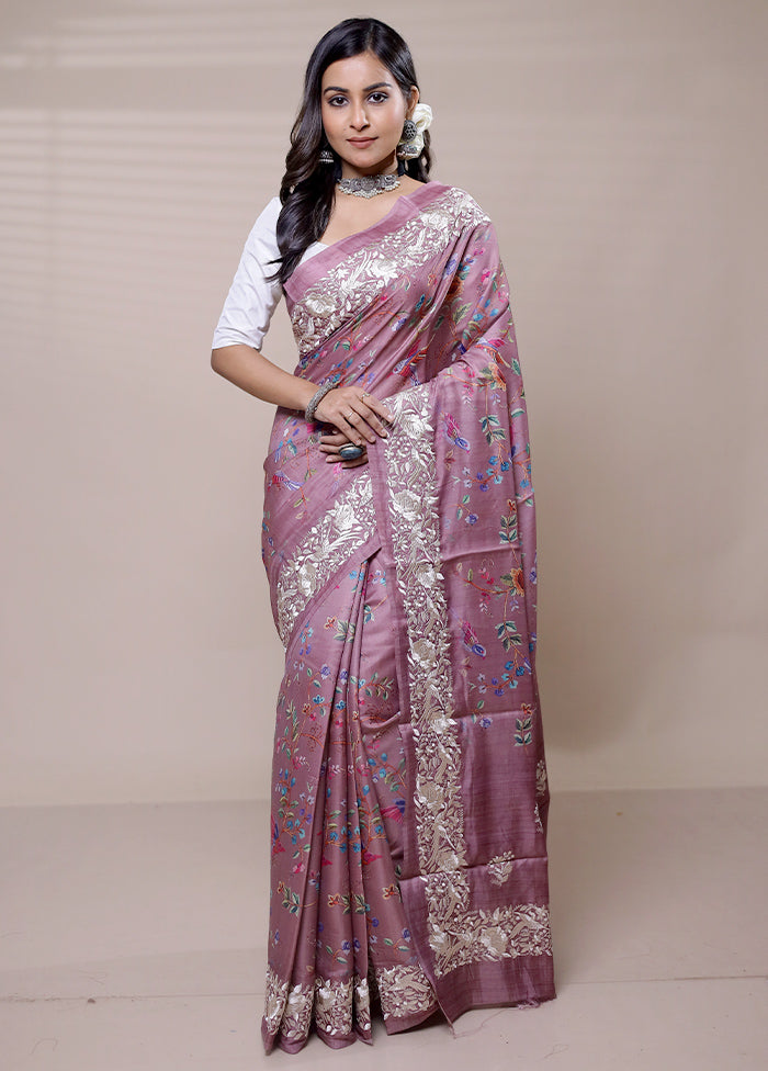 Pink Tussar Silk Saree With Blouse Piece