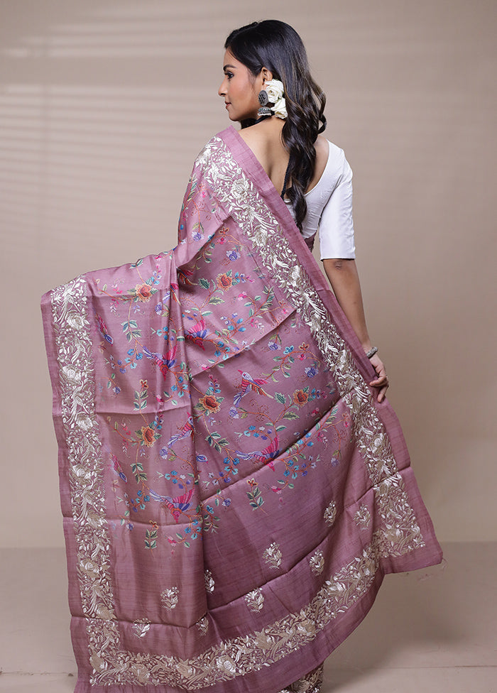 Pink Tussar Silk Saree With Blouse Piece