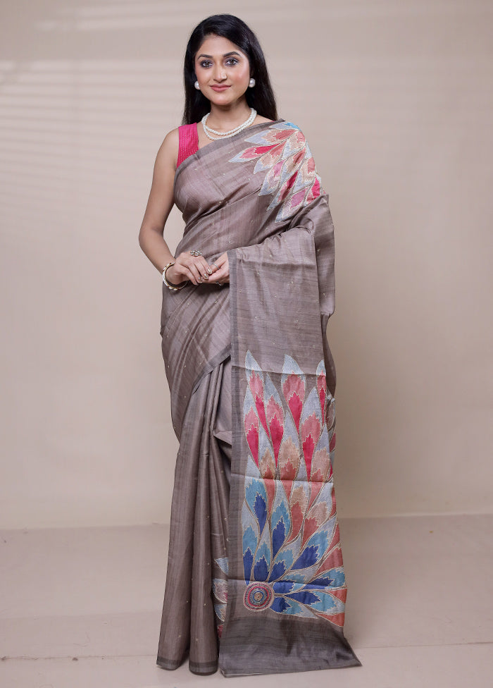 Grey Tussar Silk Saree With Blouse Piece