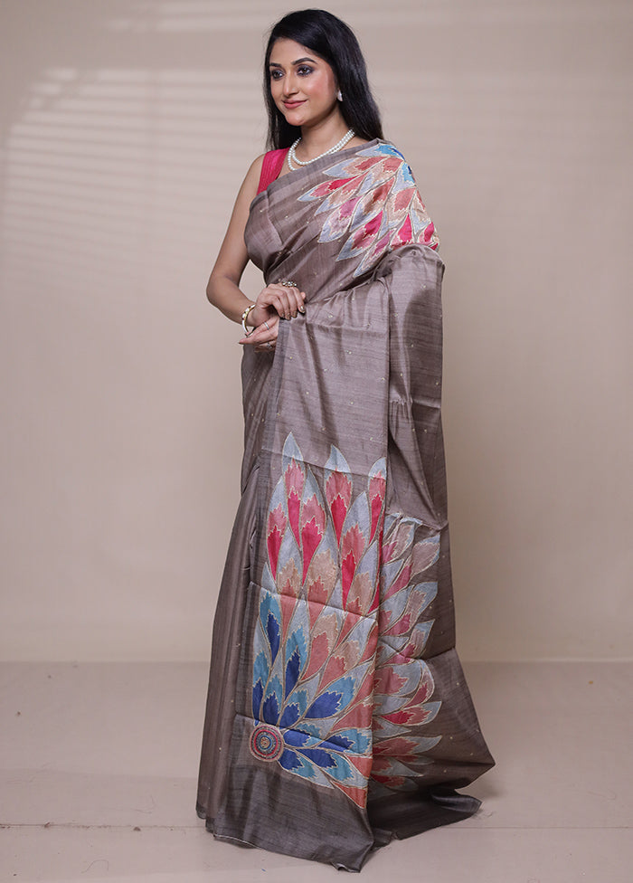 Grey Tussar Silk Saree With Blouse Piece