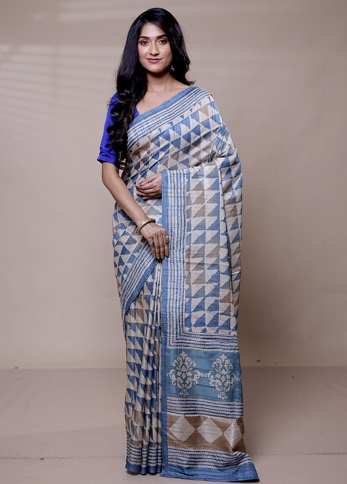 Blue Tussar Silk Saree With Blouse Piece