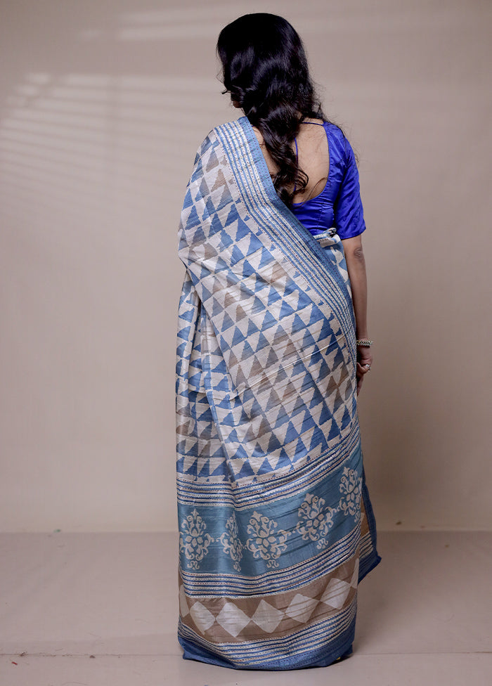 Blue Tussar Silk Saree With Blouse Piece