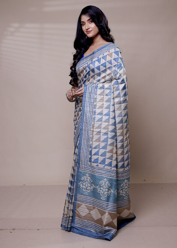 Blue Tussar Silk Saree With Blouse Piece