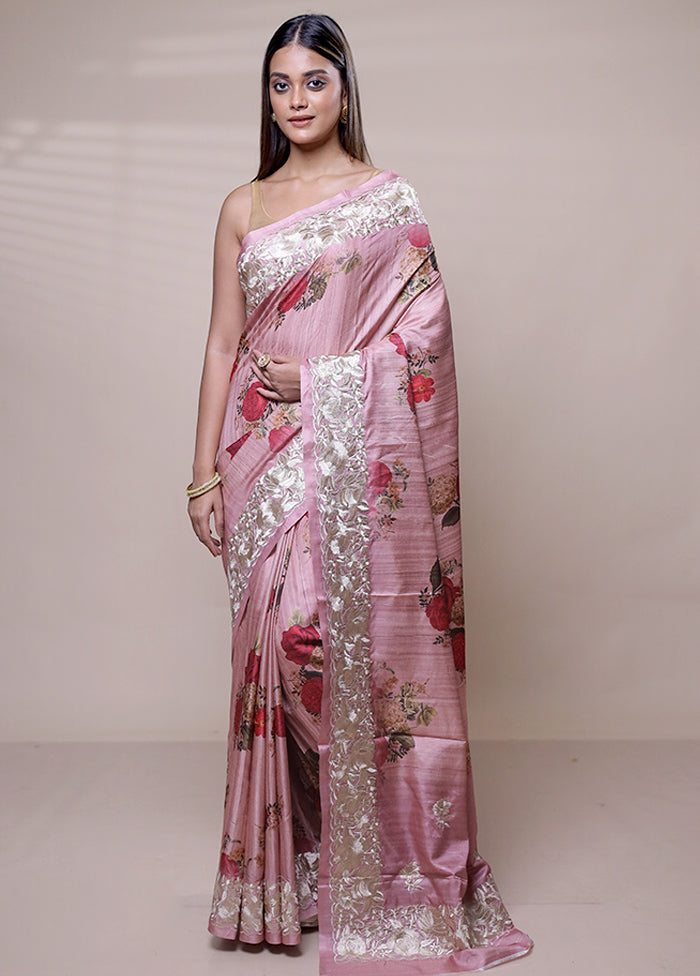 Pink Tussar Silk Saree With Blouse Piece