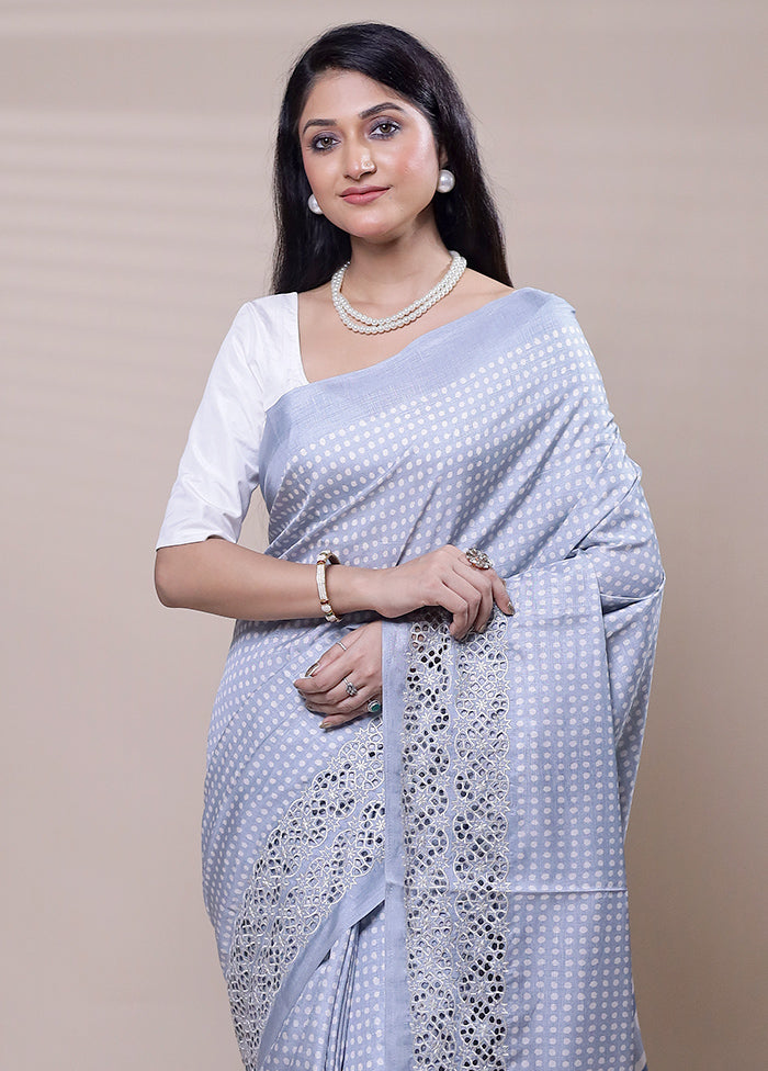 Grey Tussar Silk Saree With Blouse Piece