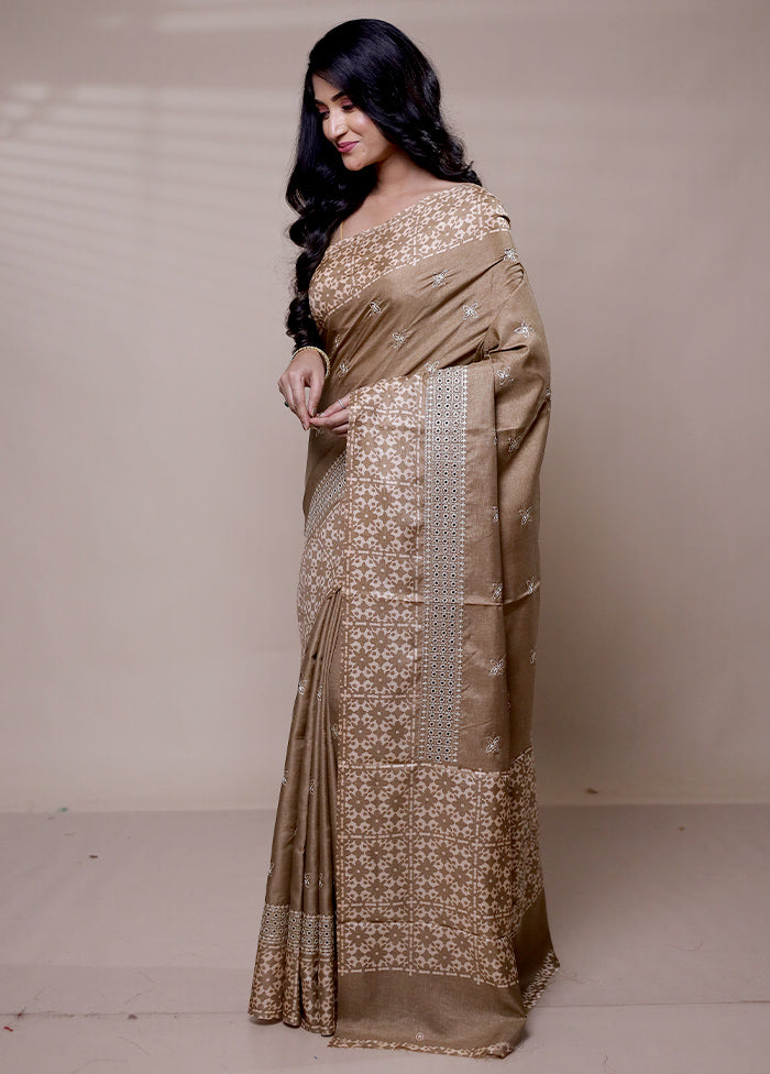 Brown Tussar Silk Saree With Blouse Piece