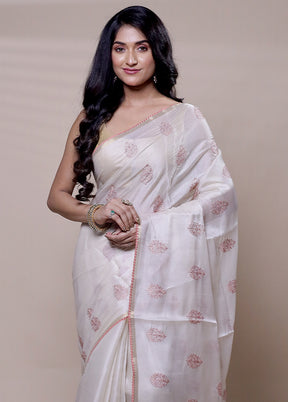 White Tussar Silk Saree With Blouse Piece