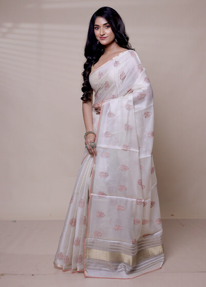 White Tussar Silk Saree With Blouse Piece