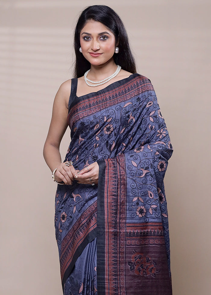 Grey Tussar Silk Saree With Blouse Piece