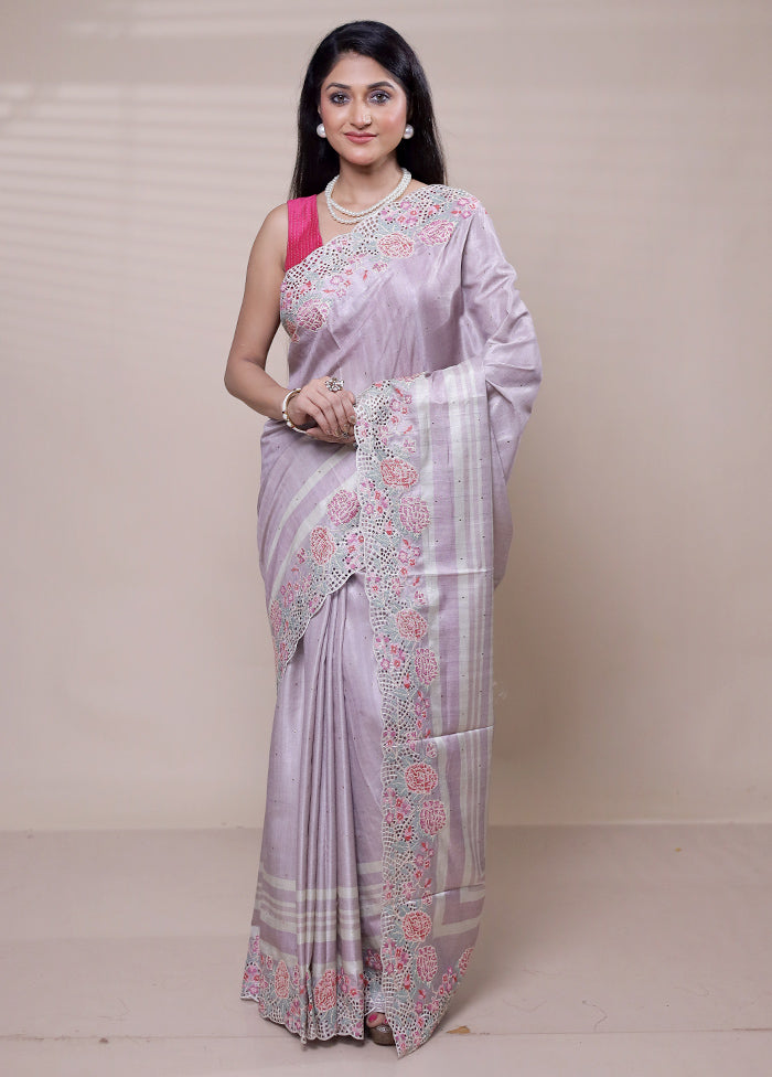 Purple Tussar Silk Saree With Blouse Piece