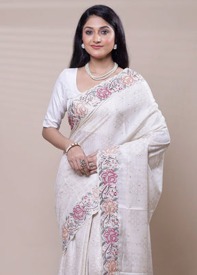 White Tussar Silk Saree With Blouse Piece