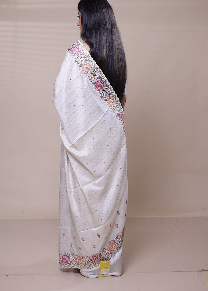 White Tussar Silk Saree With Blouse Piece