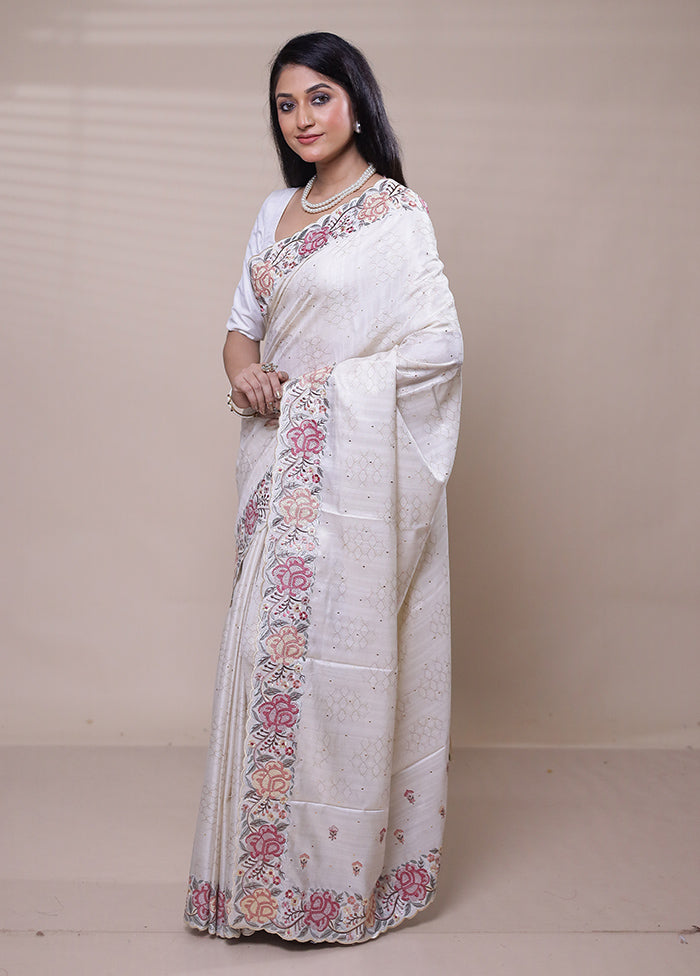 White Tussar Silk Saree With Blouse Piece