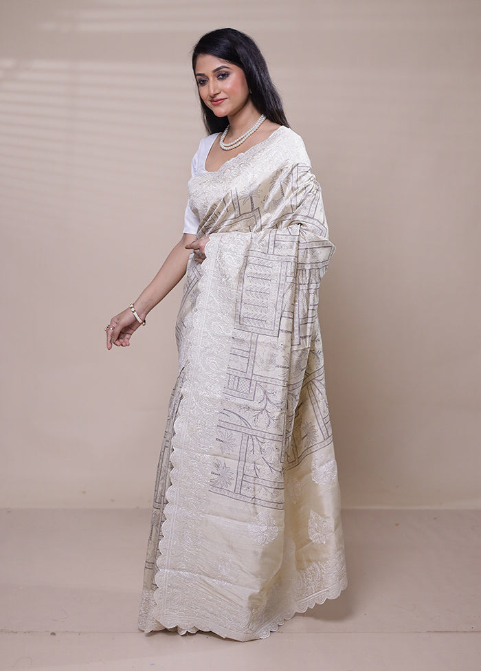 Cream Tussar Silk Saree With Blouse Piece