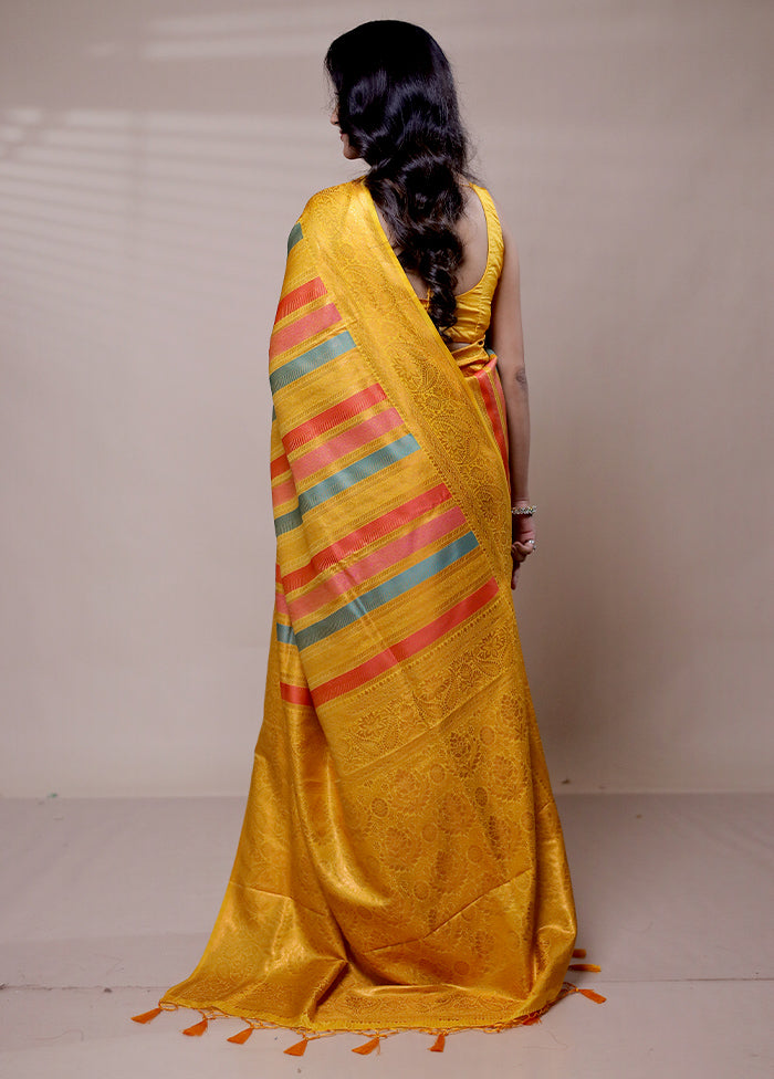 Yellow Dupion Silk Saree With Blouse Piece