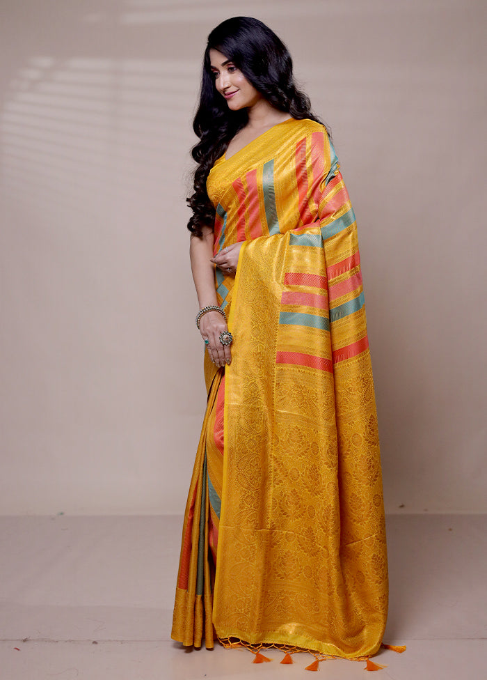 Yellow Dupion Silk Saree With Blouse Piece