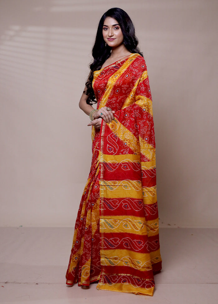 Red Chanderi Cotton Saree With Blouse Piece