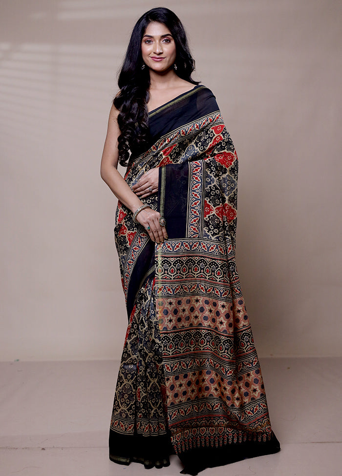 Black Chanderi Cotton Saree With Blouse Piece