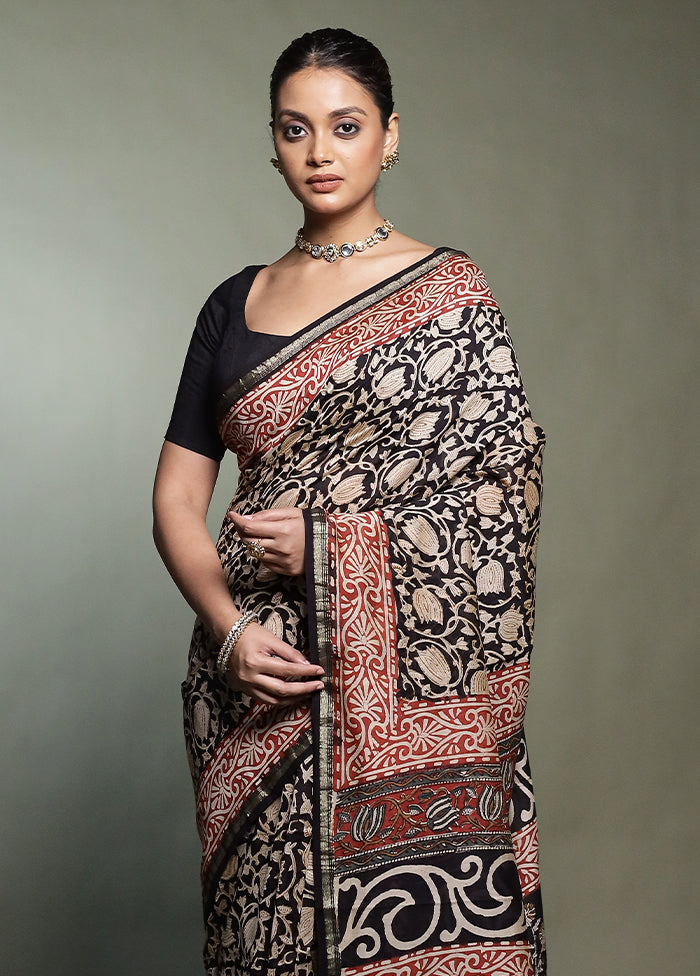 Black Chanderi Cotton Saree With Blouse Piece