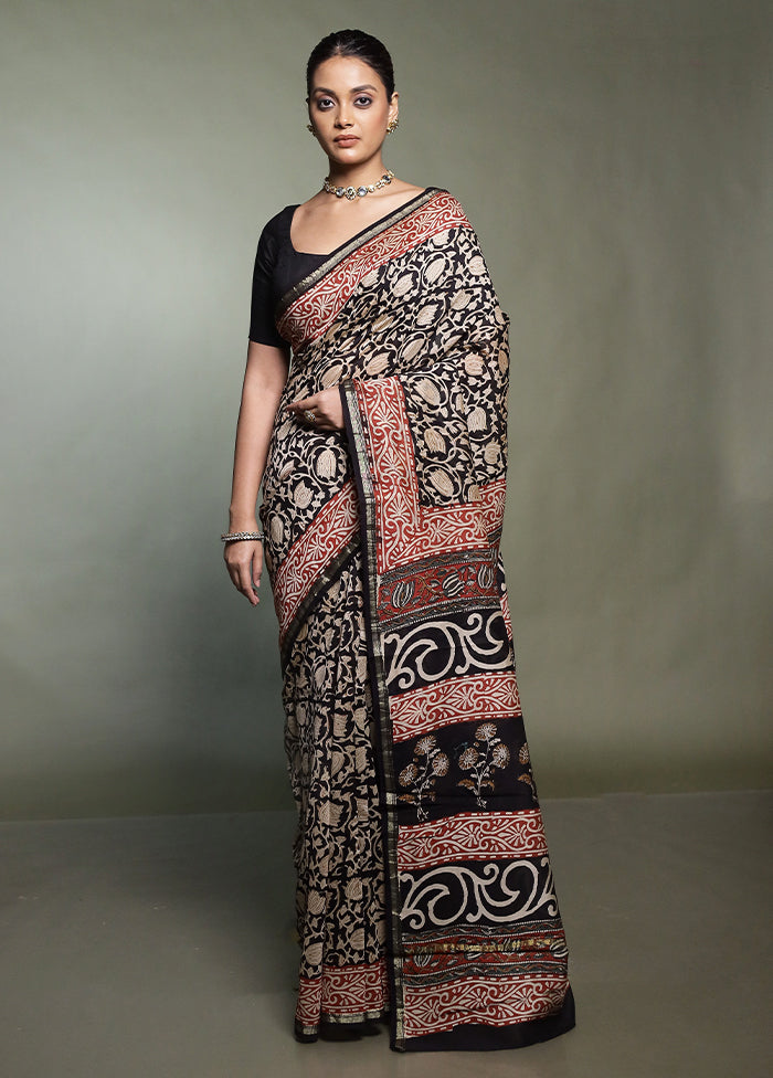 Black Chanderi Cotton Saree With Blouse Piece