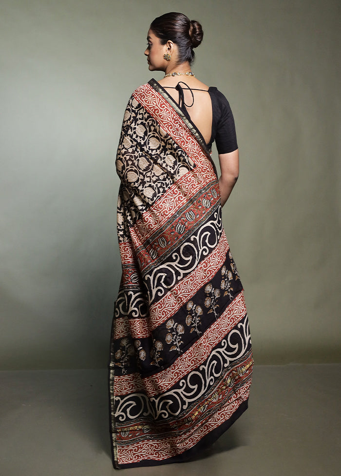 Black Chanderi Cotton Saree With Blouse Piece