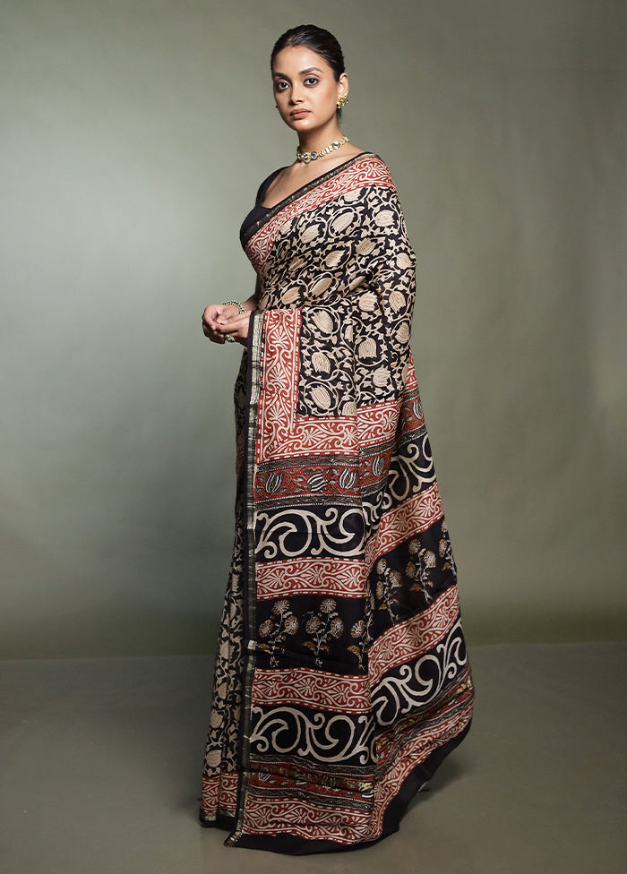Black Chanderi Cotton Saree With Blouse Piece