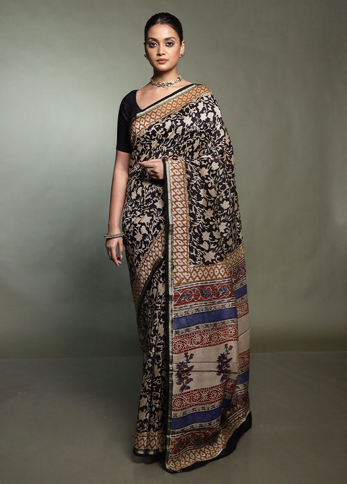 Black Chanderi Cotton Saree With Blouse Piece