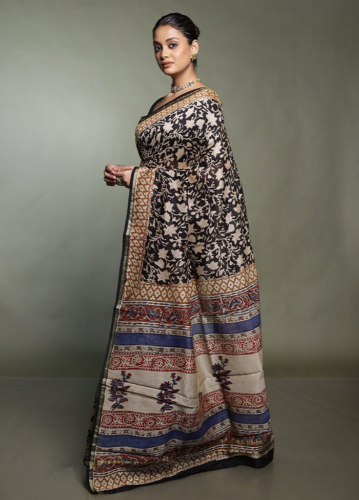 Black Chanderi Cotton Saree With Blouse Piece