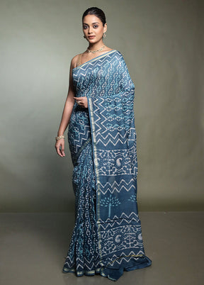 Blue Chanderi Cotton Saree With Blouse Piece