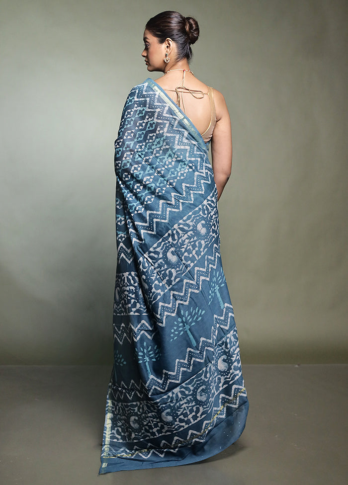 Blue Chanderi Cotton Saree With Blouse Piece