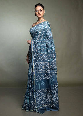 Blue Chanderi Cotton Saree With Blouse Piece