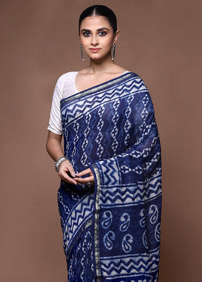 Blue Chanderi Cotton Saree With Blouse Piece