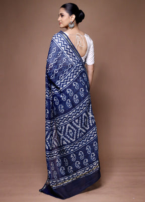 Blue Chanderi Cotton Saree With Blouse Piece